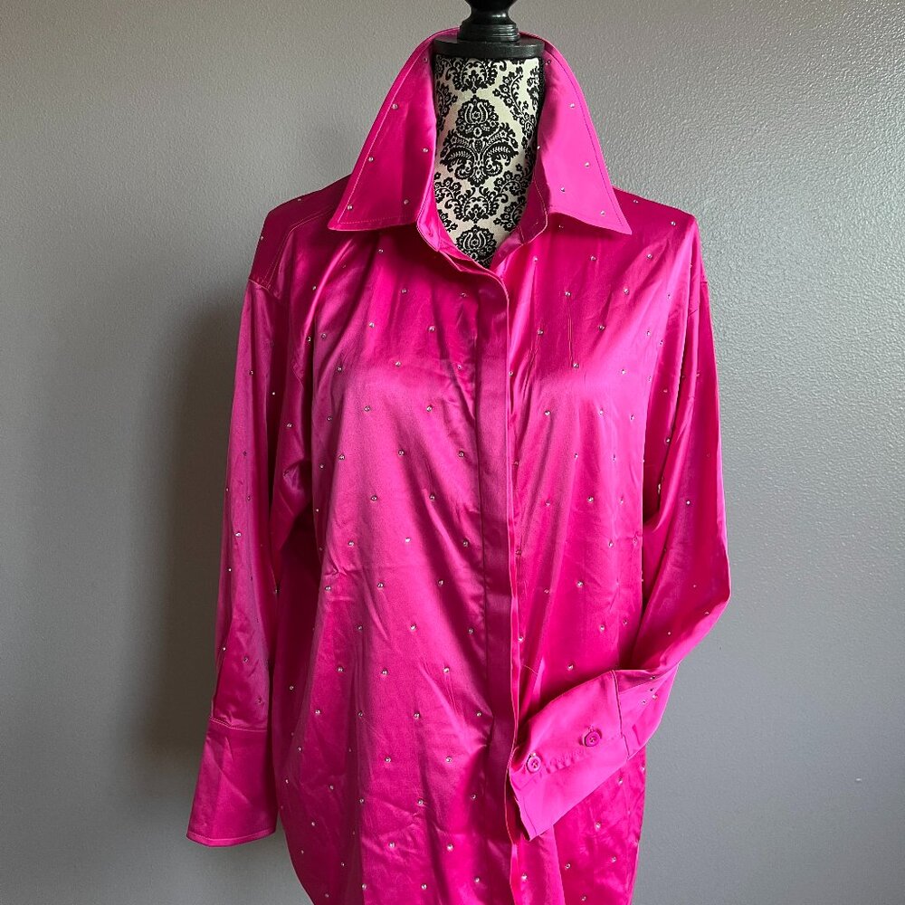Pink Rhinestone Satin Long Sleeve Blouse (sz L)